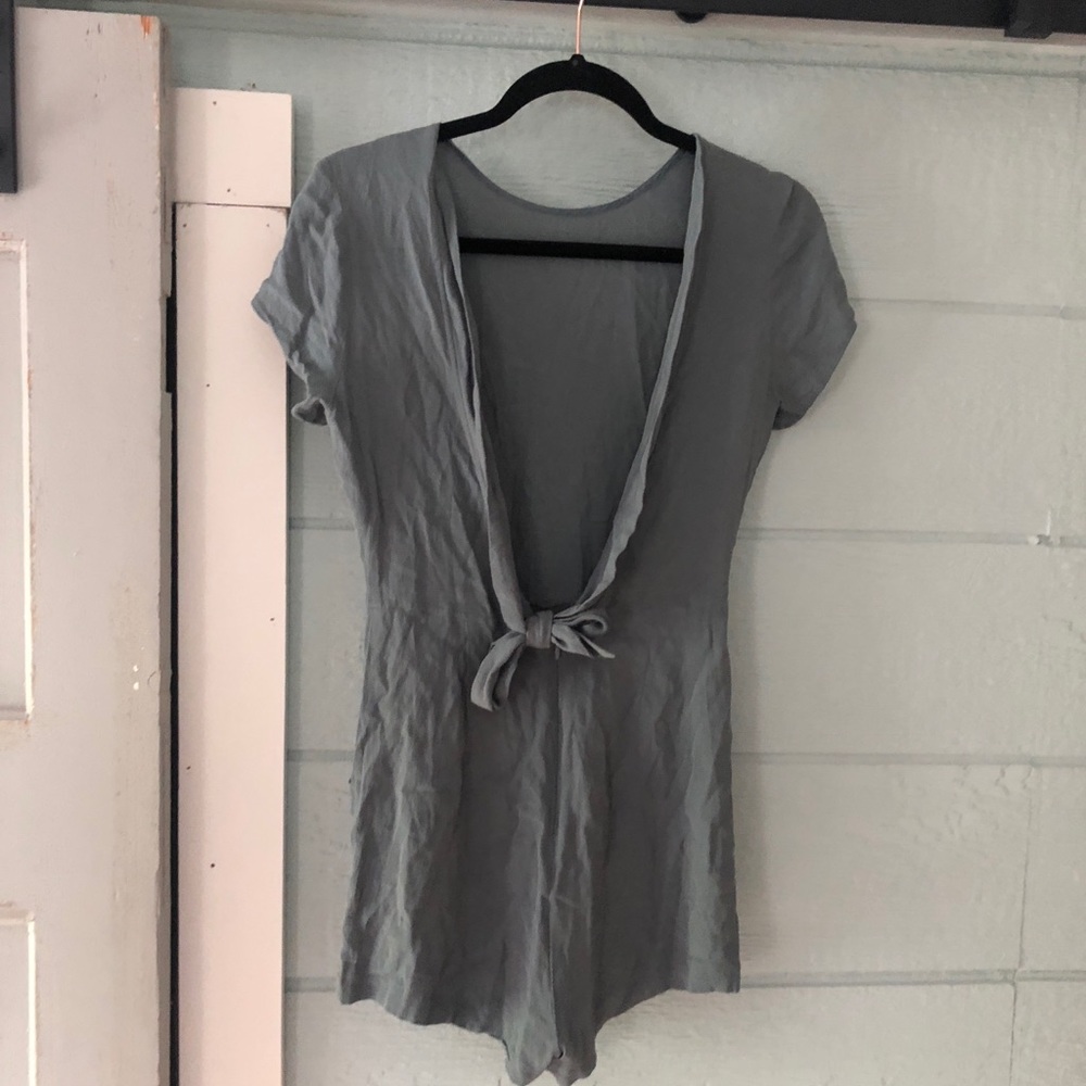 Sea foam green open back reformation romper